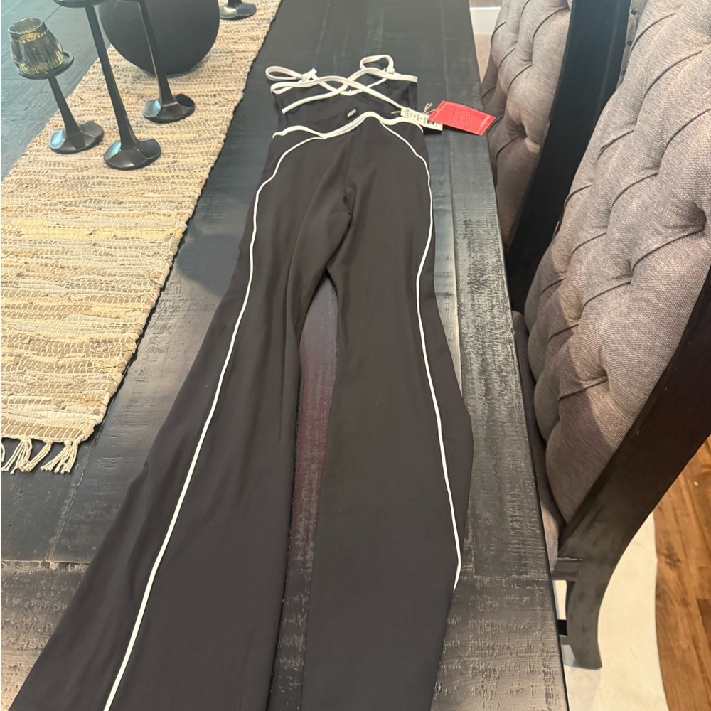 Black Flared Jumpsuit with White Piping - Picture 2 of 3